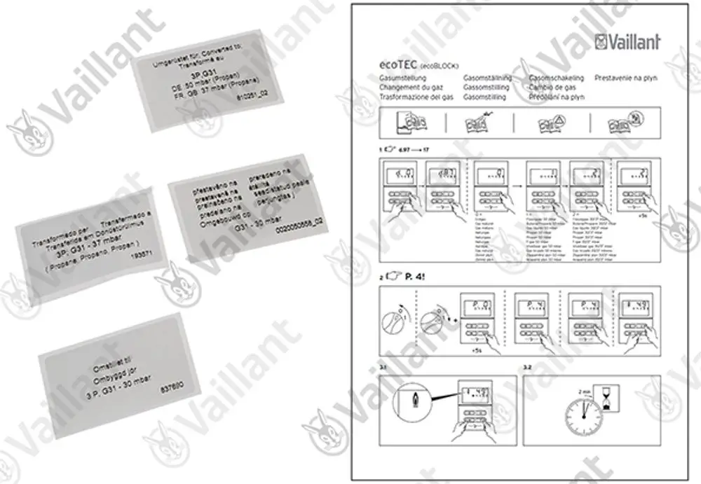 Vaillant Umstellsatz mit verschiedenen Etiketten und Anweisungen zur Gasumstellung, abgebildet auf mehreren transparenten Kunststoffkarten und Illustrationen.